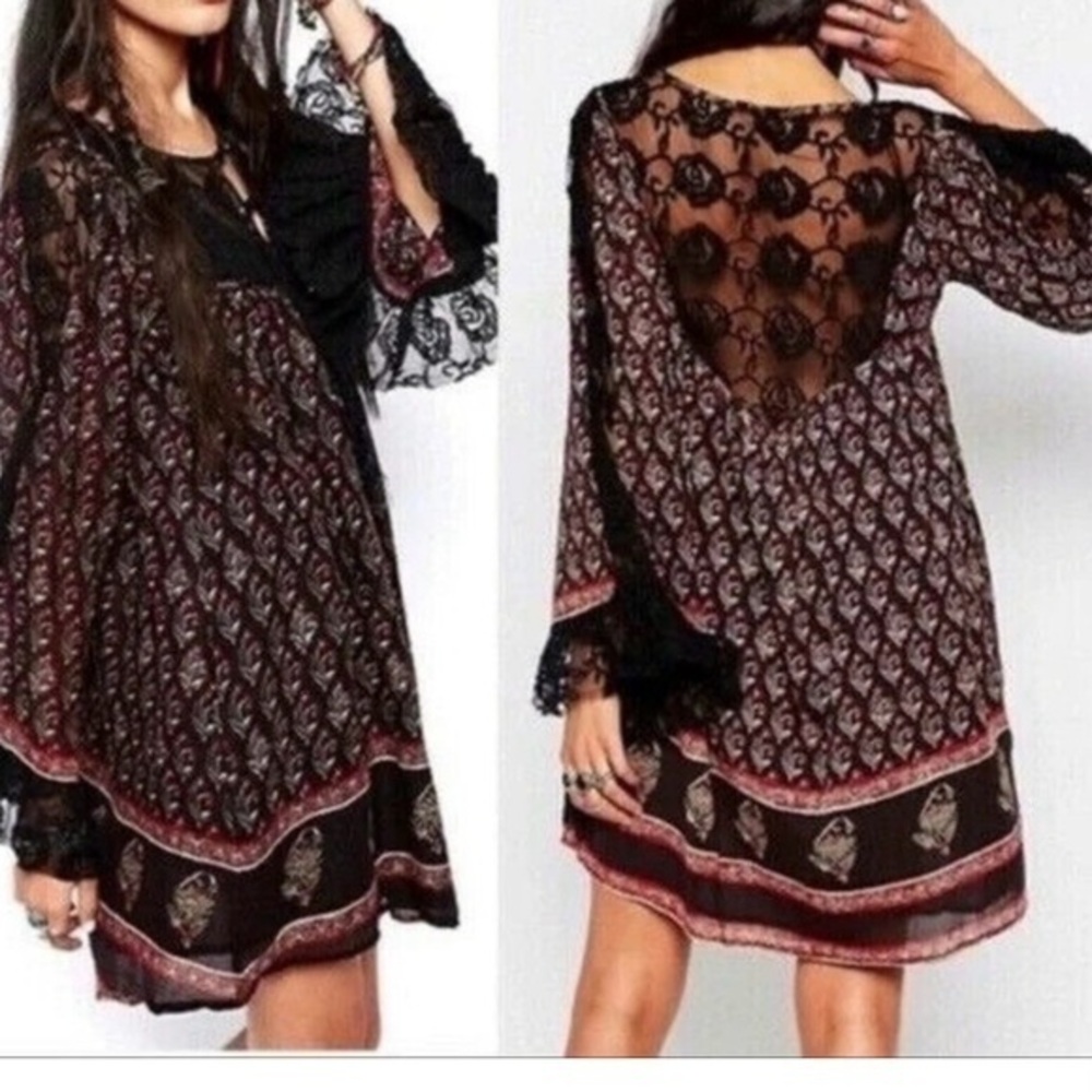 Free People Size Small Nomad Child Boho Black Floral Tunic/Mini Dress